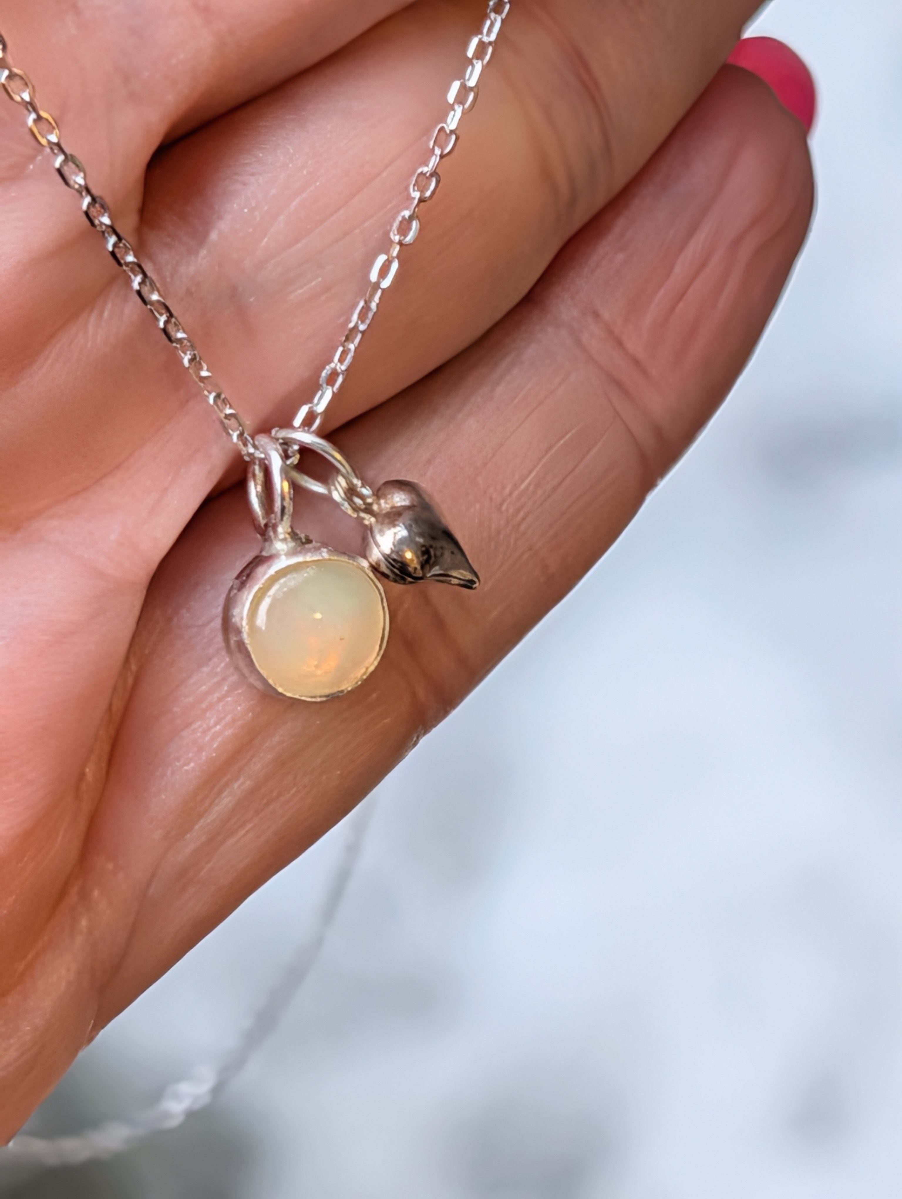 Sterling Silver Opal Necklace | 8mm Bezel Set Opal Pendant | Handmade | 16–18” Chain