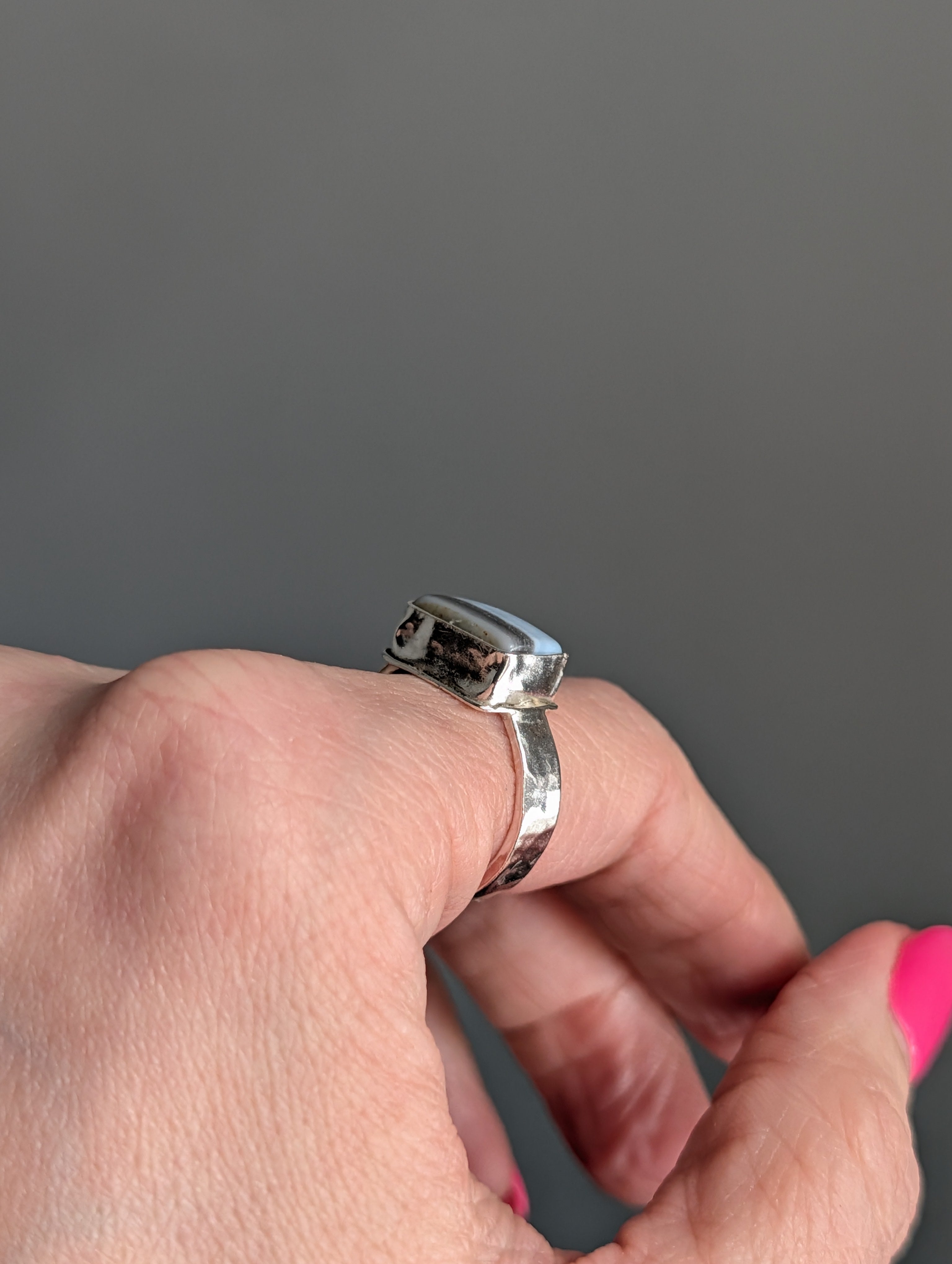 Blue Opal Rectangle Statement Ring | Sterling Silver | size 9