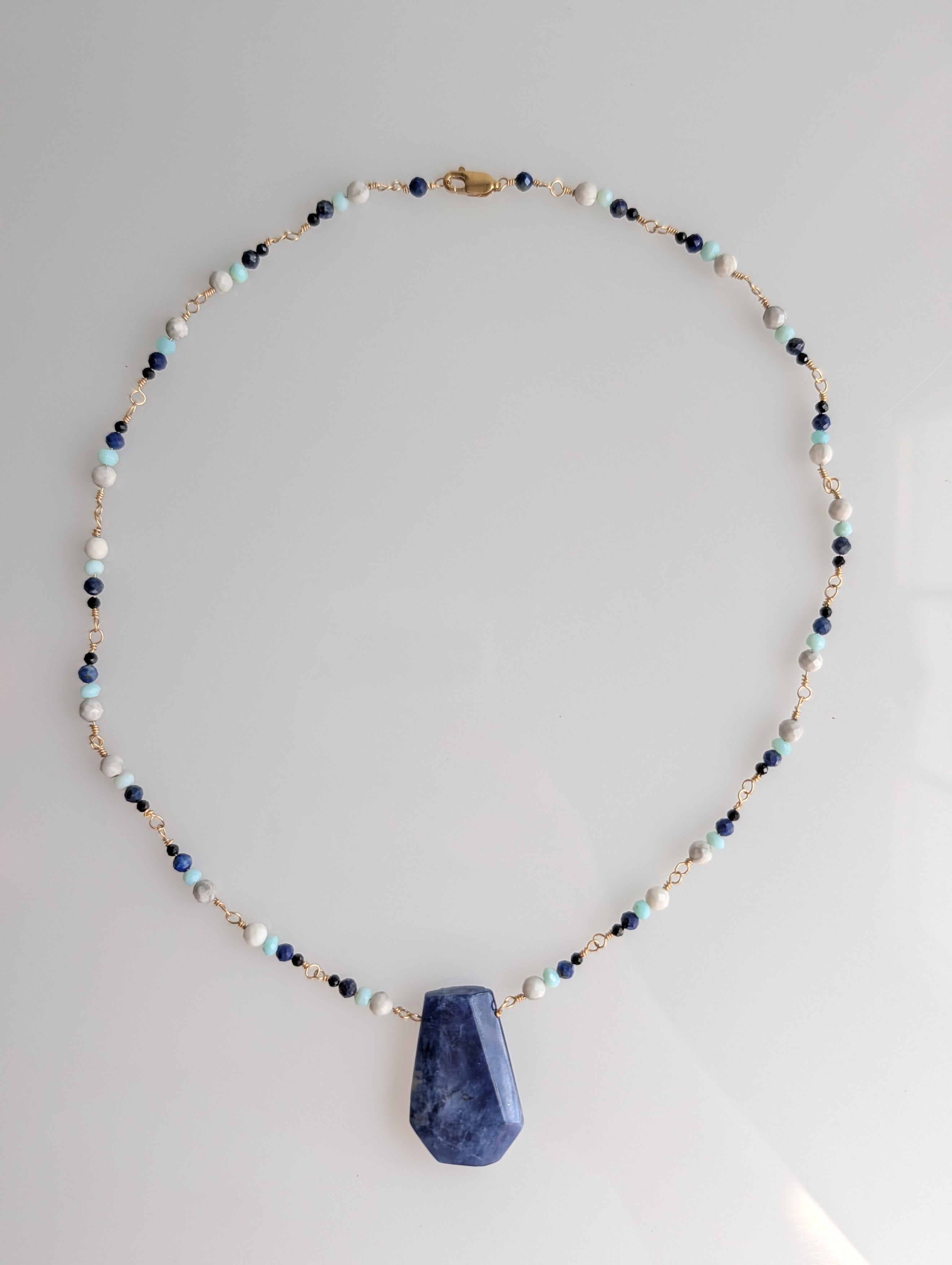 Blue Passage Necklace – Lapis Pendant with Blue Opal, Spinel & Yellow Gold Fill