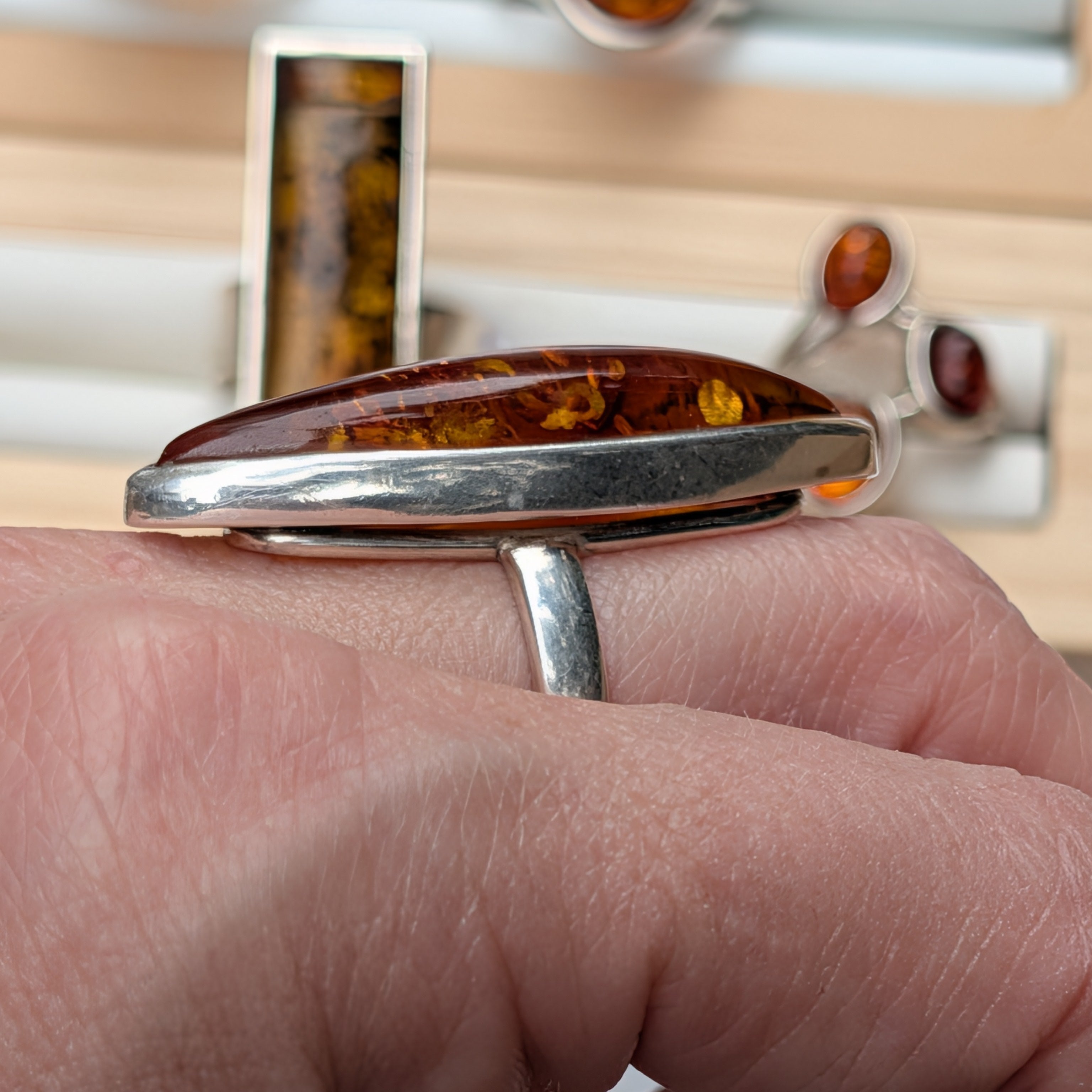 Golden Amber Marquise Ring | Silver Baltic Amber Ring |Tears of the Sun