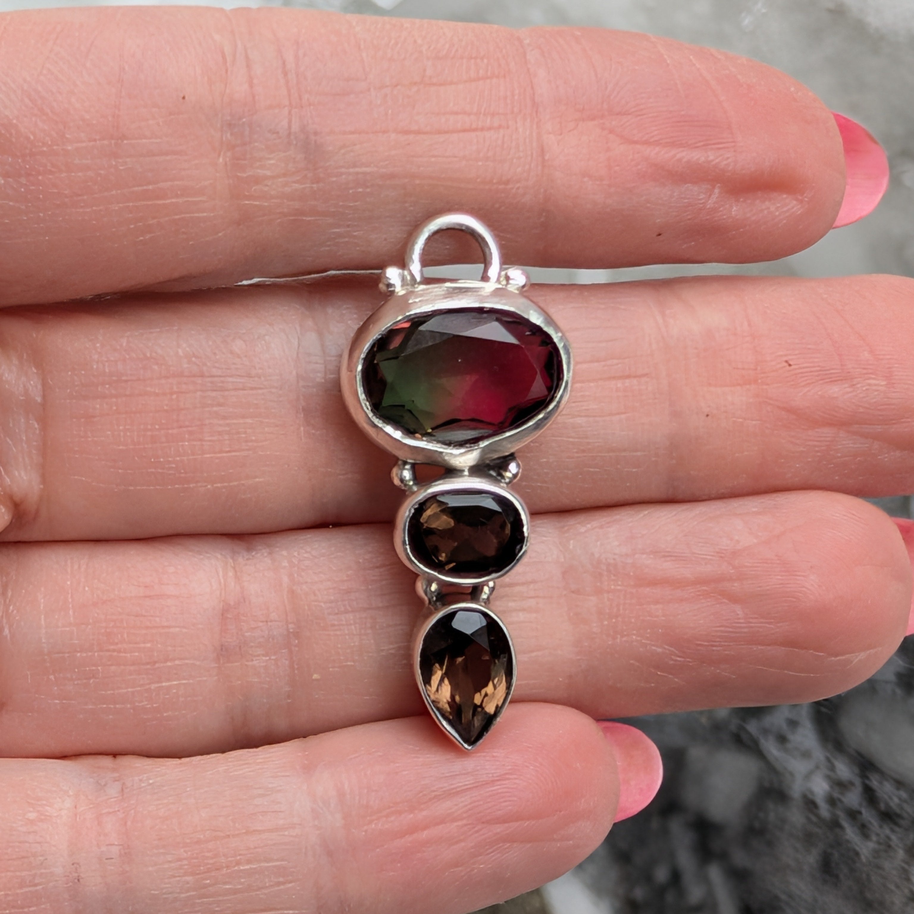 Watermelon Tourmaline & Smoky Quartz Pendant — One-of-a-Kind Sterling Silver