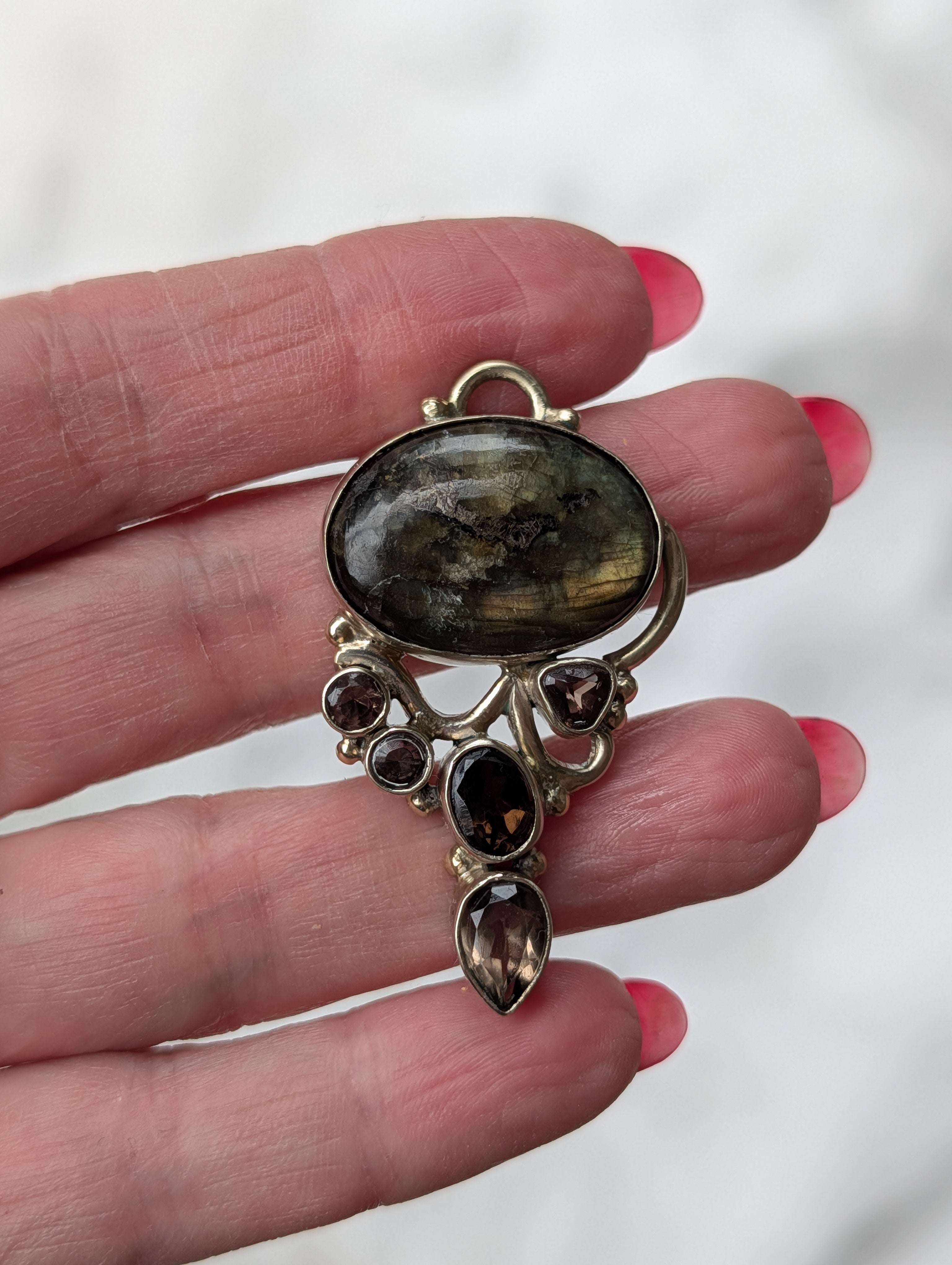 Labradorite & Smoky Quartz Pendant — One-of-a-Kind Sterling Silver Statement