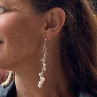 Long Strand of Pearls: Statement Earrings in Sterling Silver