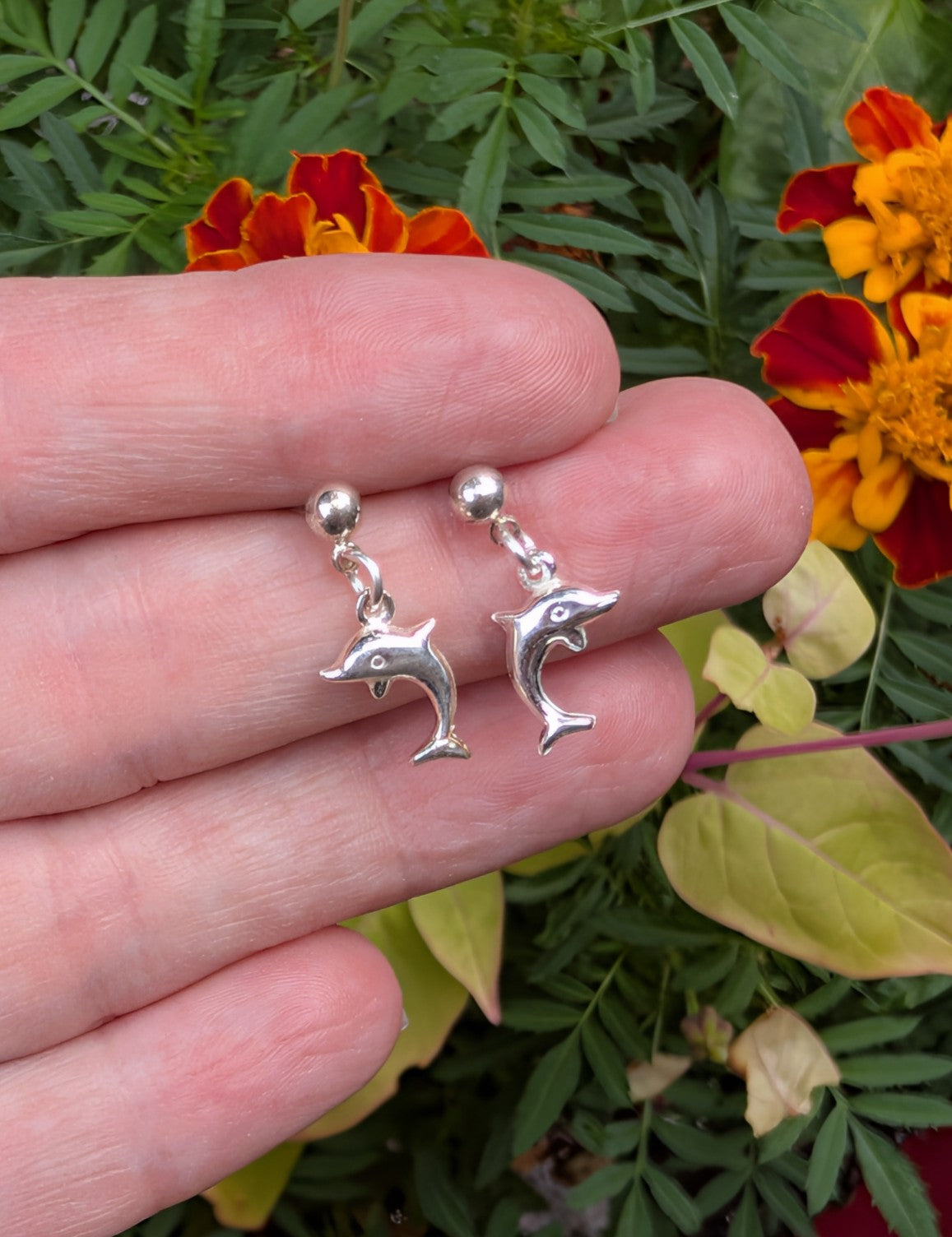 Sterling silver dolphin drop earrings with ball stud posts