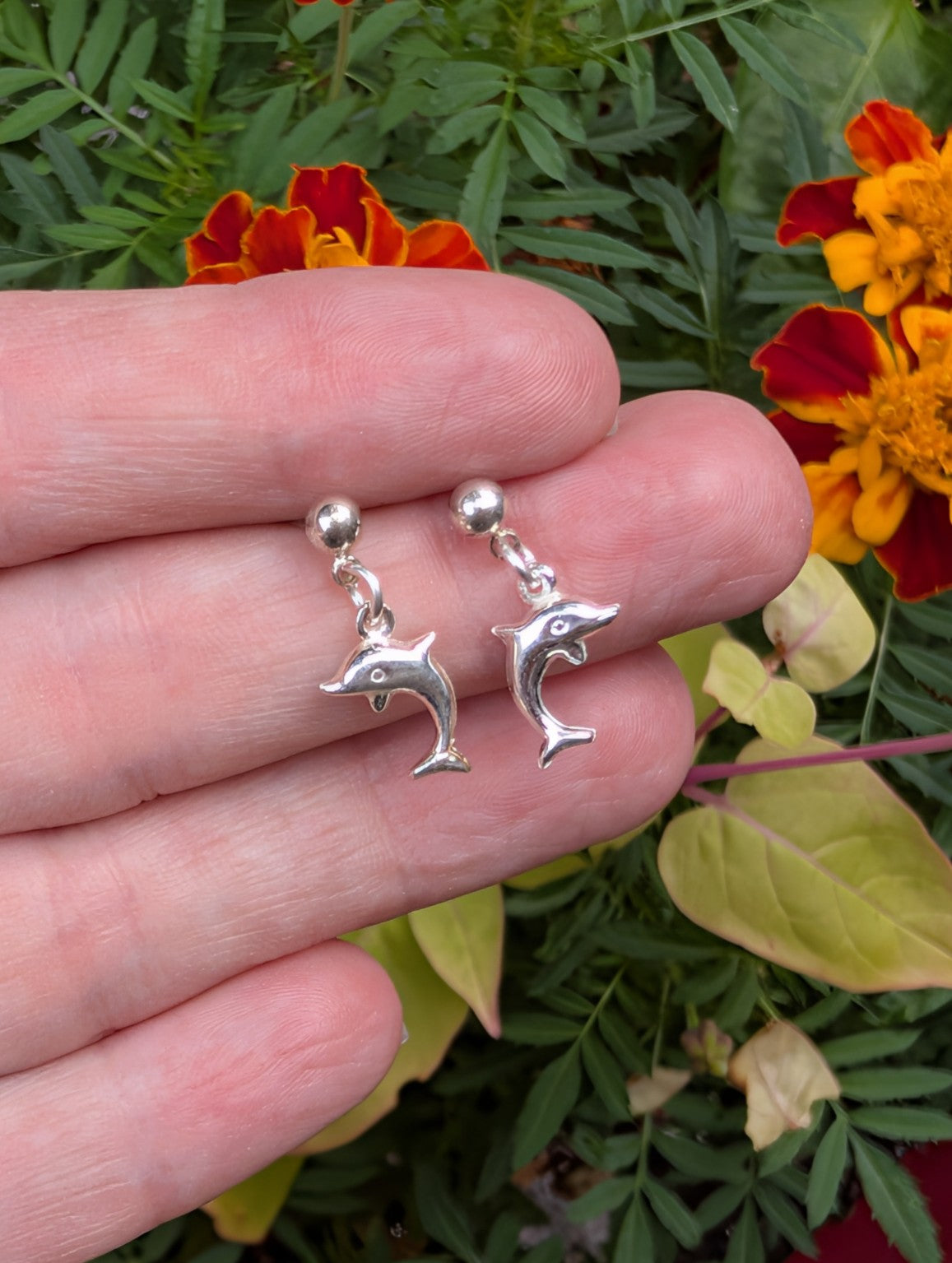 Sterling silver dolphin drop earrings with ball stud posts