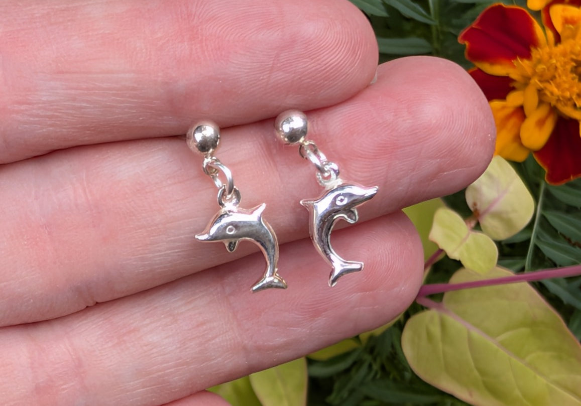 Sterling silver dolphin drop earrings with ball stud posts