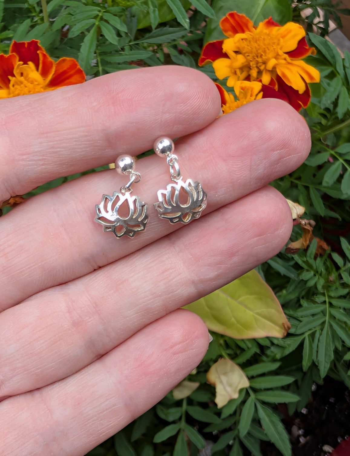 Sterling silver lotus flower drop earrings with ball stud posts