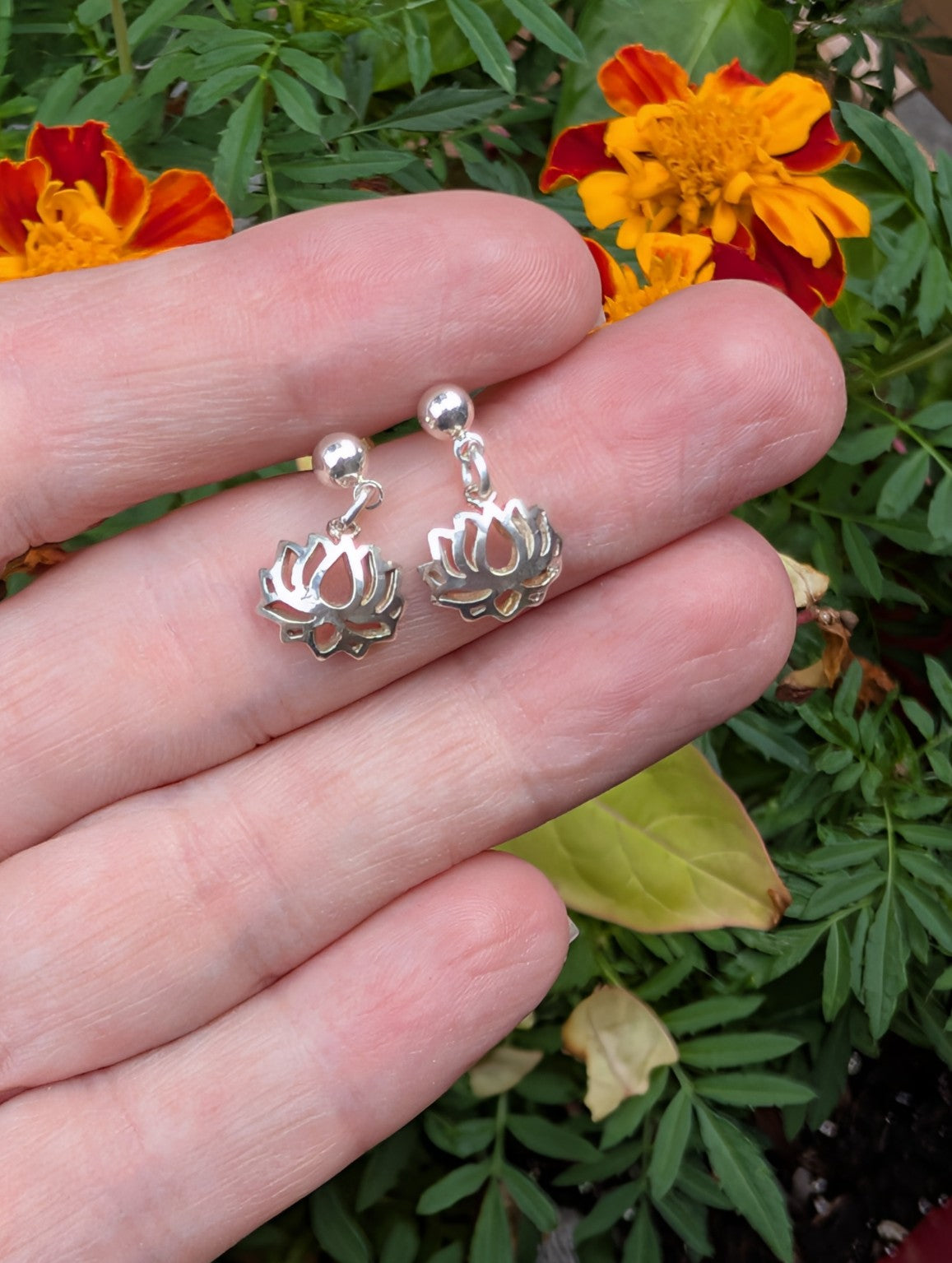 Sterling silver lotus flower drop earrings with ball stud posts