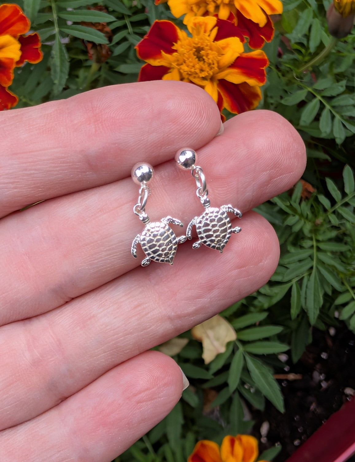 Sterling silver sea turtle drop earrings with ball stud posts