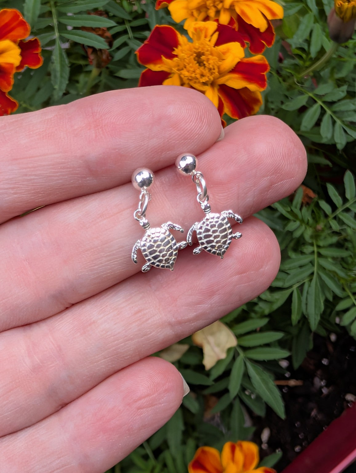 Sterling silver sea turtle drop earrings with ball stud posts