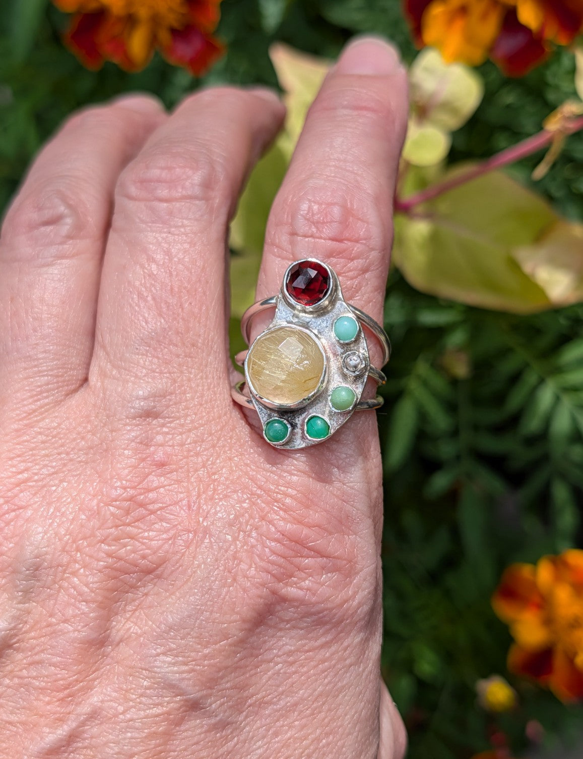 The Offering Ring with garnet, golden rutilated quartz and chrysoprase in sterling silver, size 9