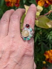 The Offering Ring with garnet, golden rutilated quartz and chrysoprase in sterling silver, size 9