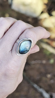 Tidal Rift blue flash labradorite statement ring in sterling silver, US size 7