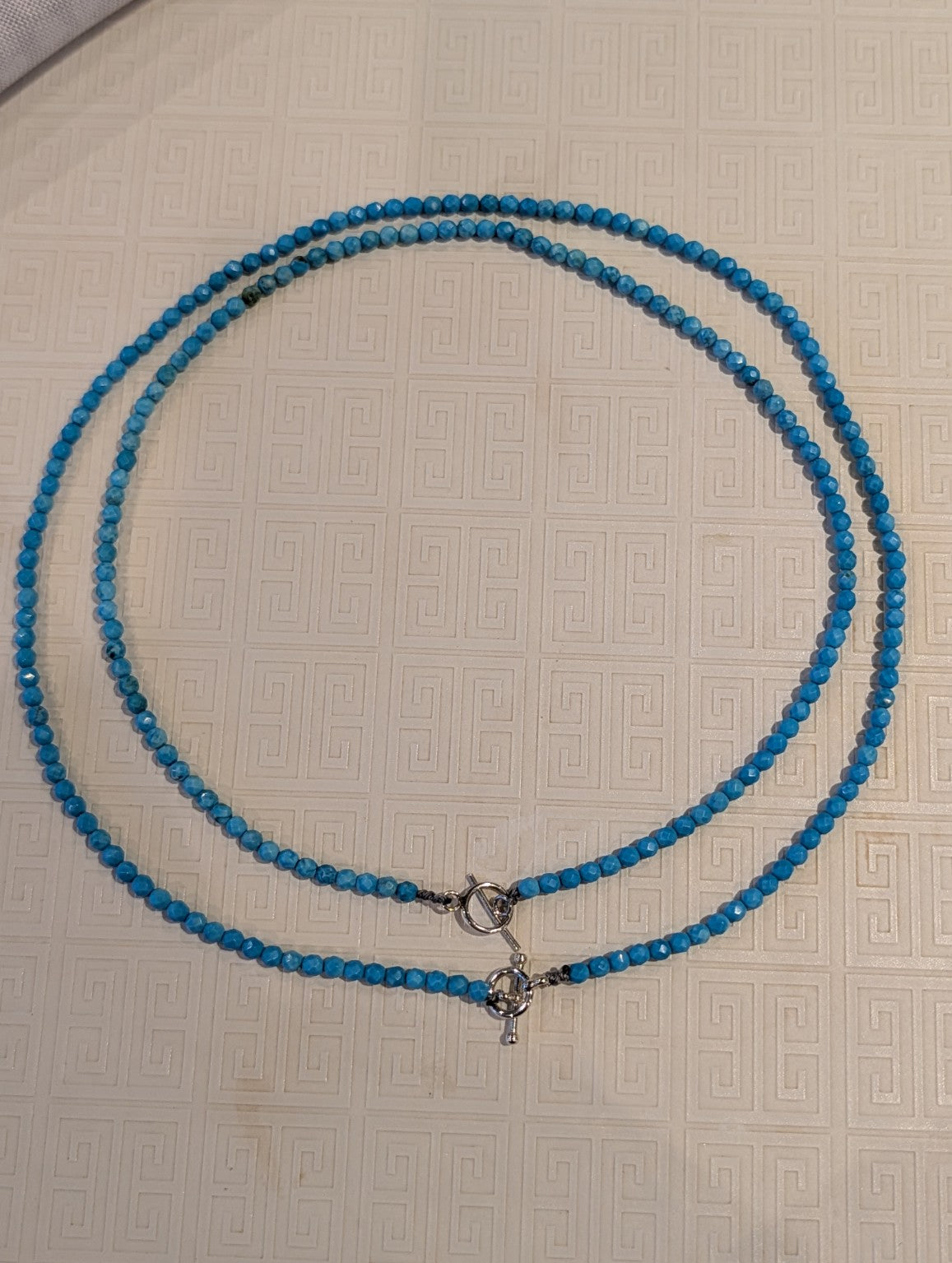 Handmade turquoise necklaces in two lengths with sterling silver toggle clasps