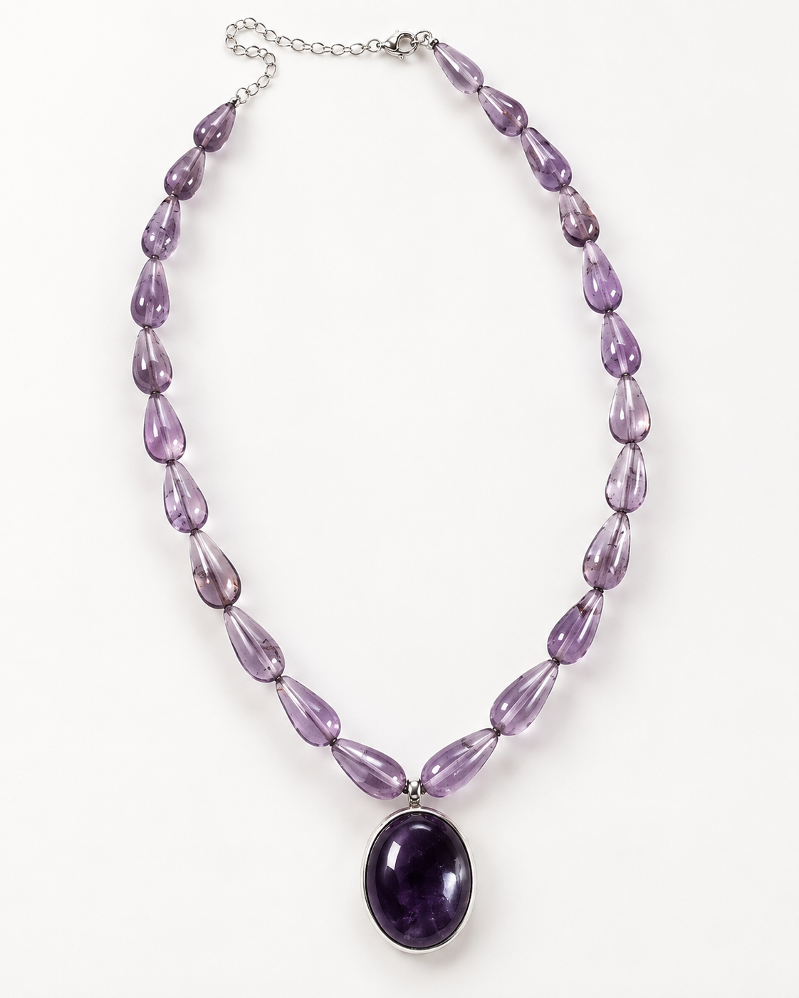 Violet Tide amethyst necklace with graduated teardrop amethyst beads and oval amethyst pendant in sterling silver